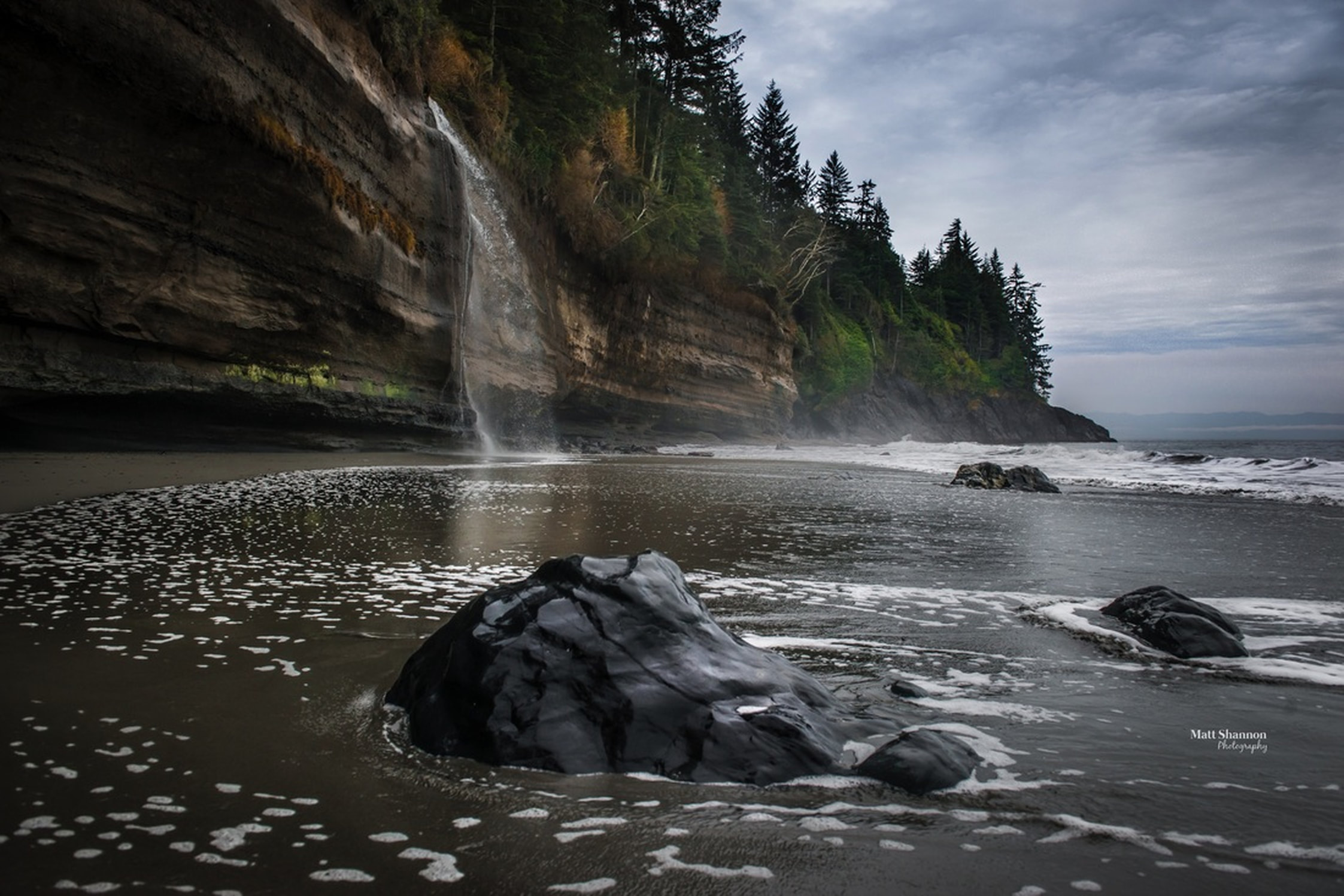 waterfall, water fall, mystic beach, beach, vancouver, victoria, vancouver island, west coast, westcoast, pacific ocean, sand, ocean, waves, sky, forest, mist, fog, colors, landscape, landscape photography, matt shannon photography, mattshannonphotography, photo, foam, rocks, rock, cliff, sooke, hick, explore, Picture